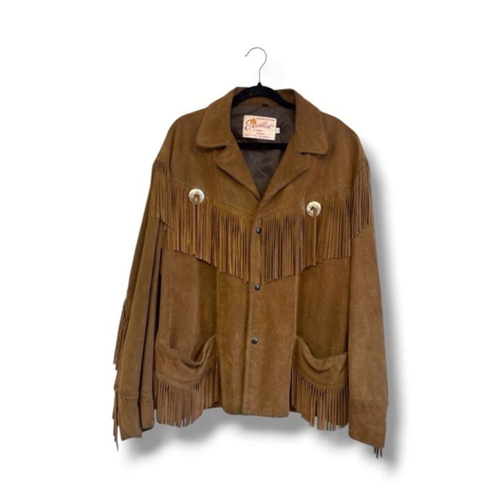 VTG Excelled Suede Fringe Jacket L Western Cowboy Concho USA Tan Men's Large HTF
